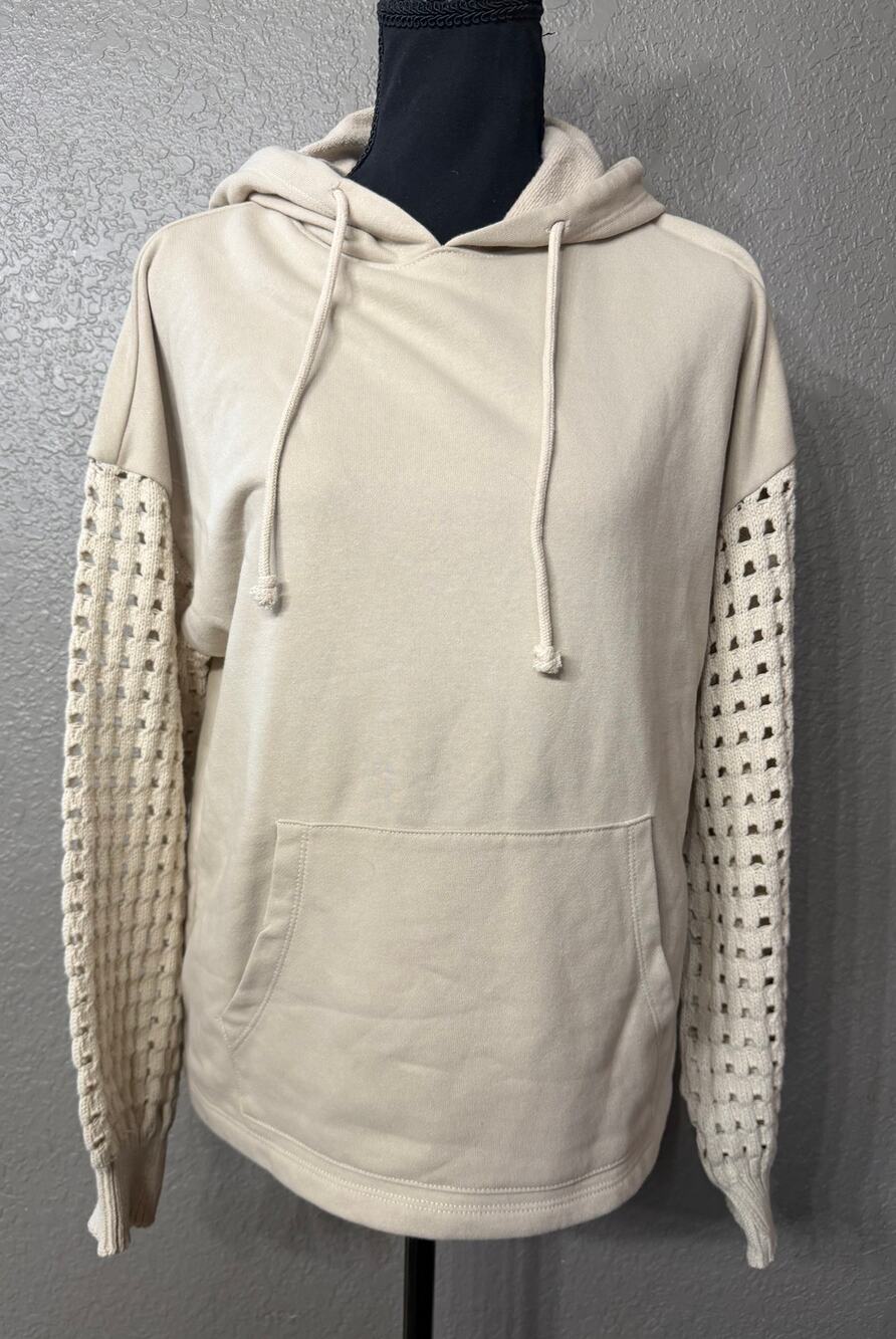 Time and Tru Womens Sz M Tan Crochet Knit Sleeve Hoodie Hooded Sweatshirt - Picture 1 of 8